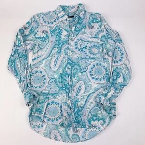 Zegna Sport Lino Flax Blue White Paisley Button Up Shirt Mens Medium